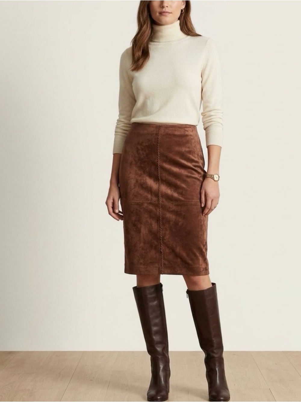 Ivanka Trump Faux Suede Rich Brown Pencil Skirt Western Stitching | Size 8
